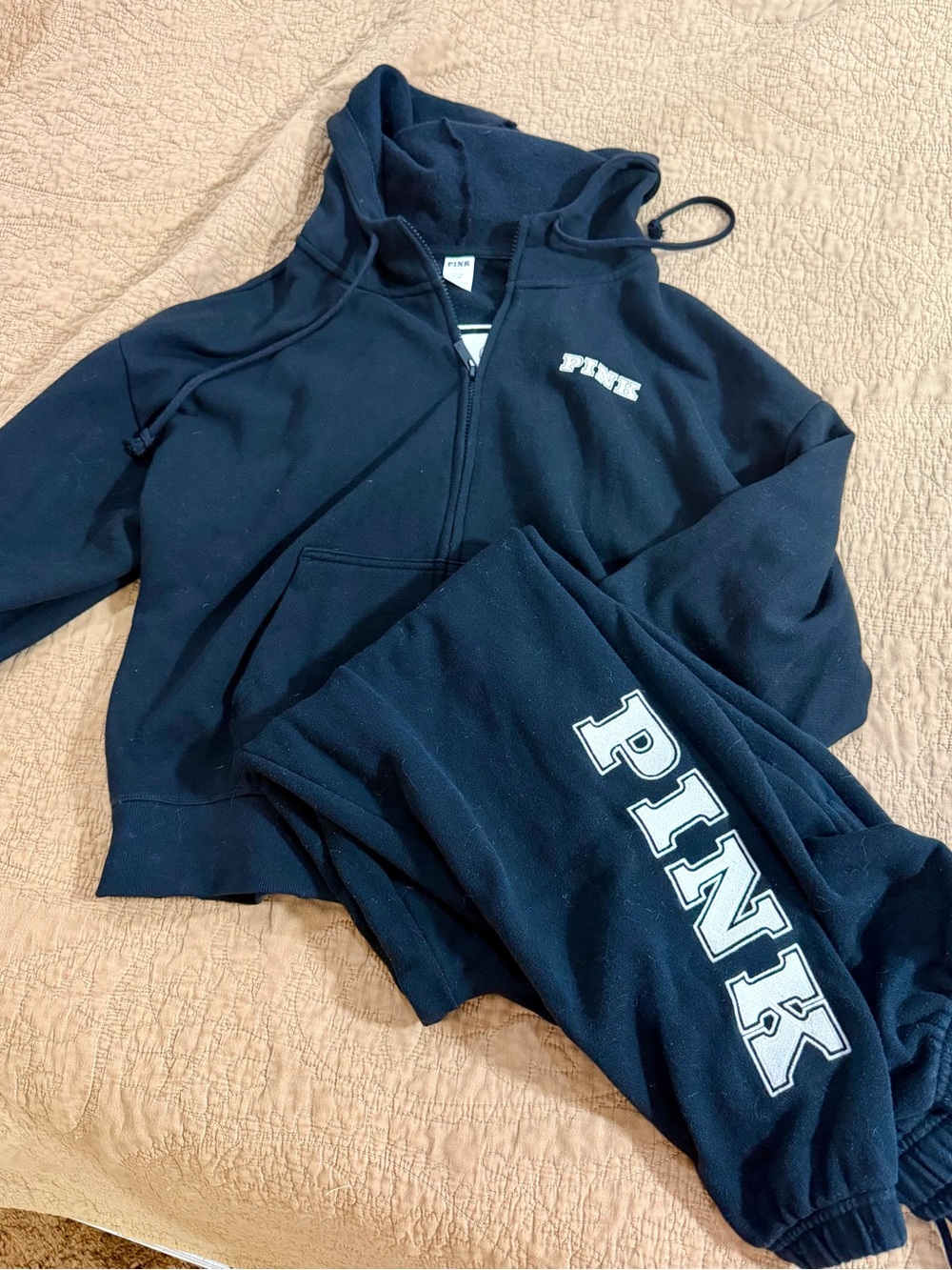 PINK Victoria's Secret Black Monogrammed LogoSweatpants & Hoodie Set